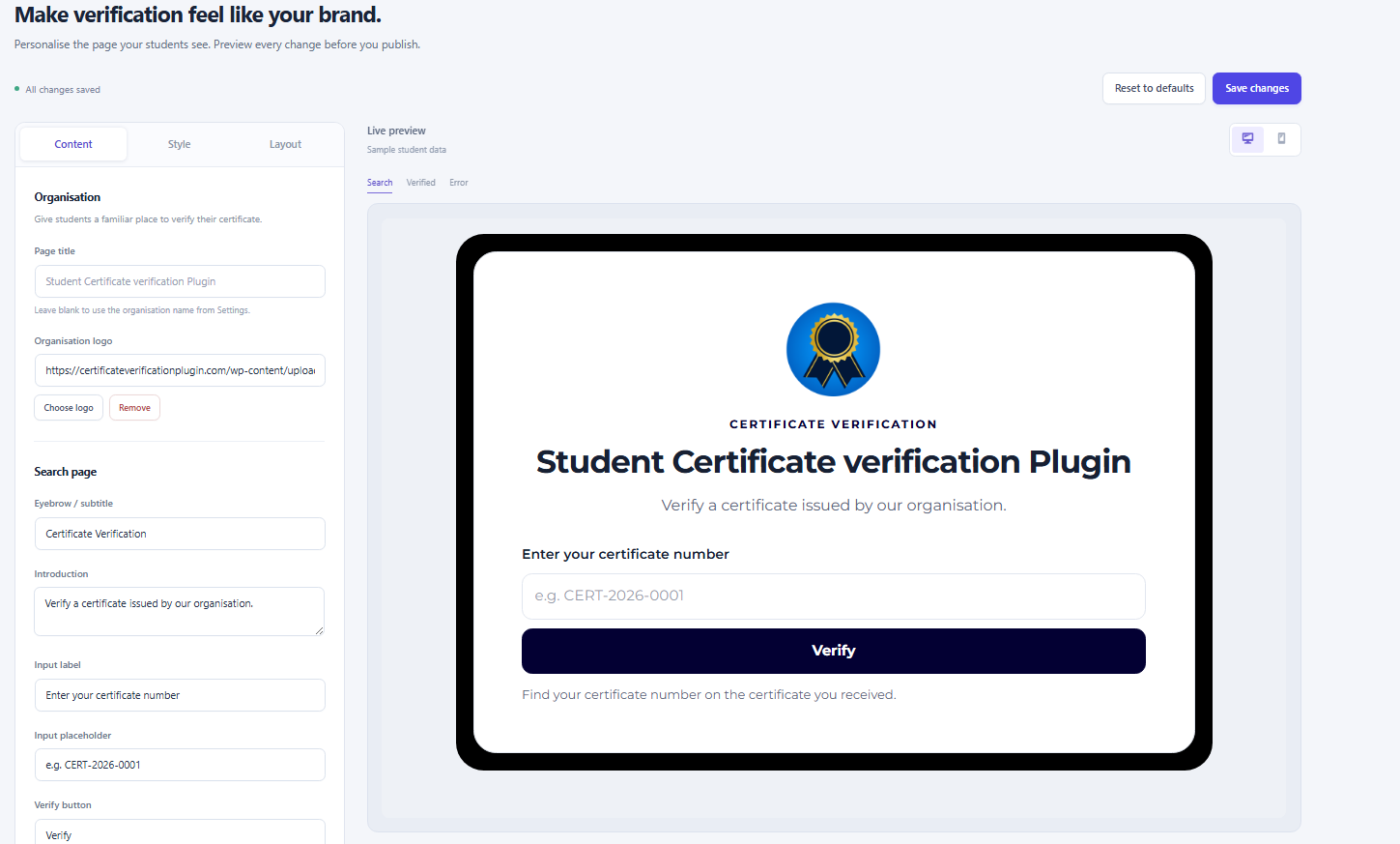 Certificate records dashboard