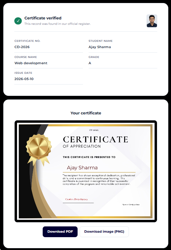 Certificate preview generated by the plugin