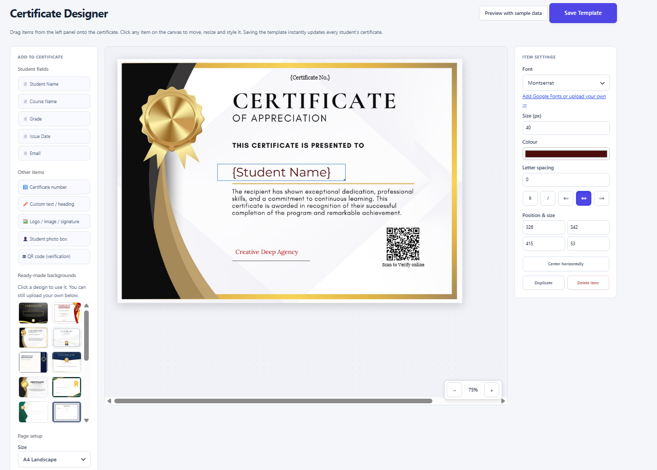 Certificate designer inside the WordPress dashboard